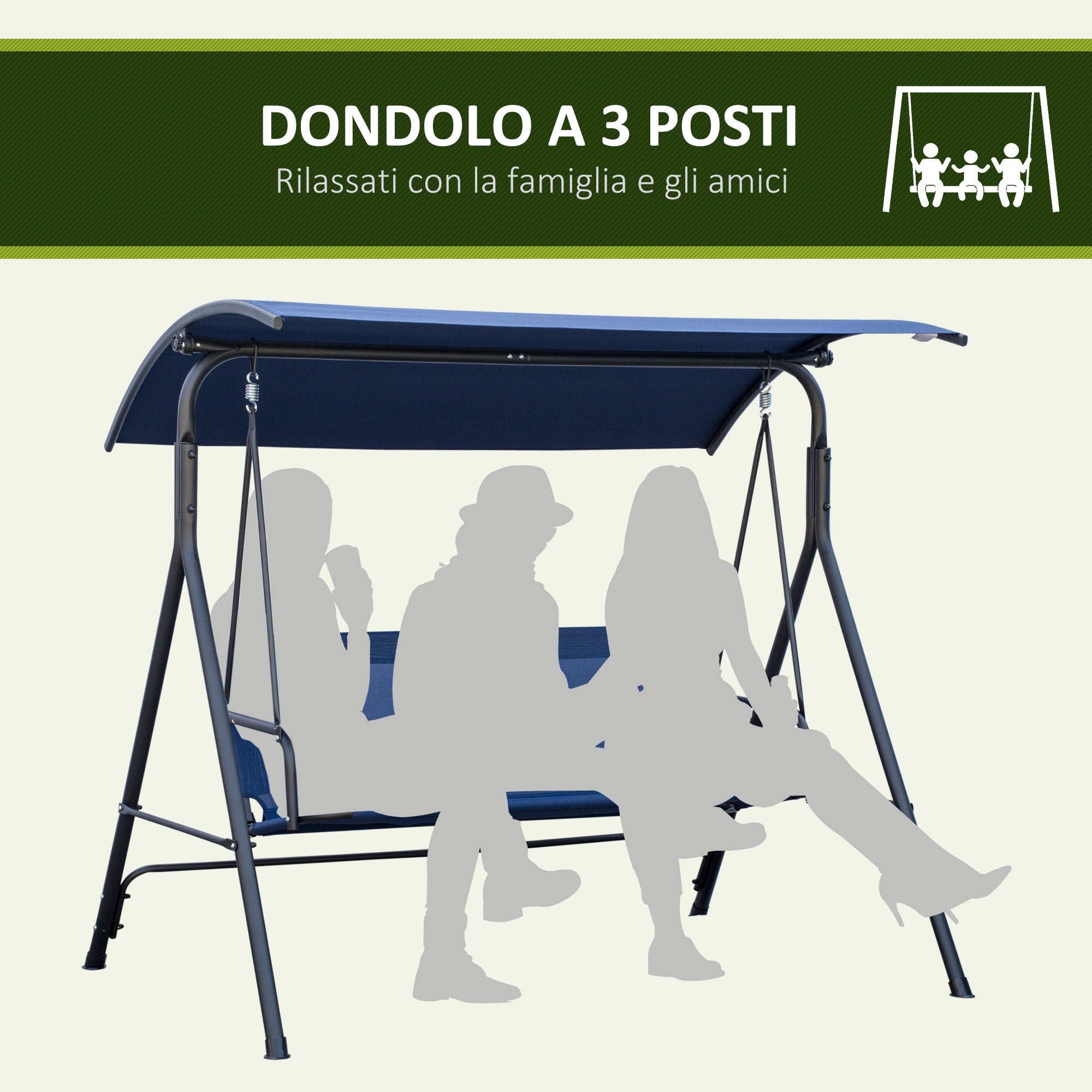 3 Seater Garden Swing with Adjustable Canopy, Oxford Fabric and Steel, Dark Blue