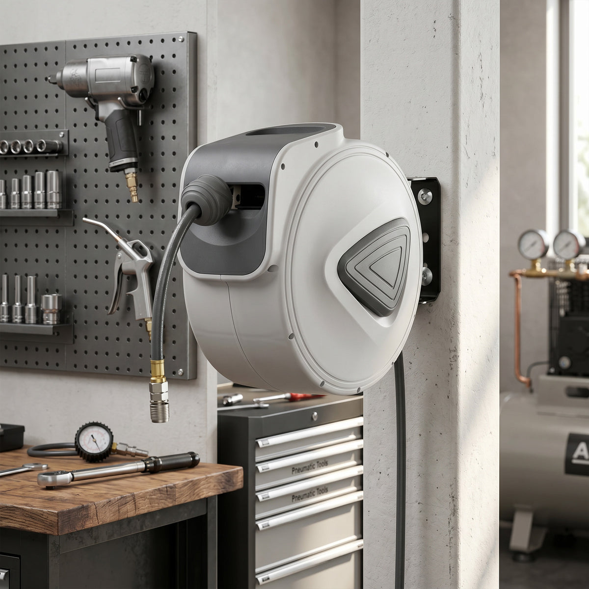 DURHAND Automatic Hose Reel with 1/4'' Connection, Max Pressure 24 Bar, Wall Mounted and 180° Rotatable, Grey