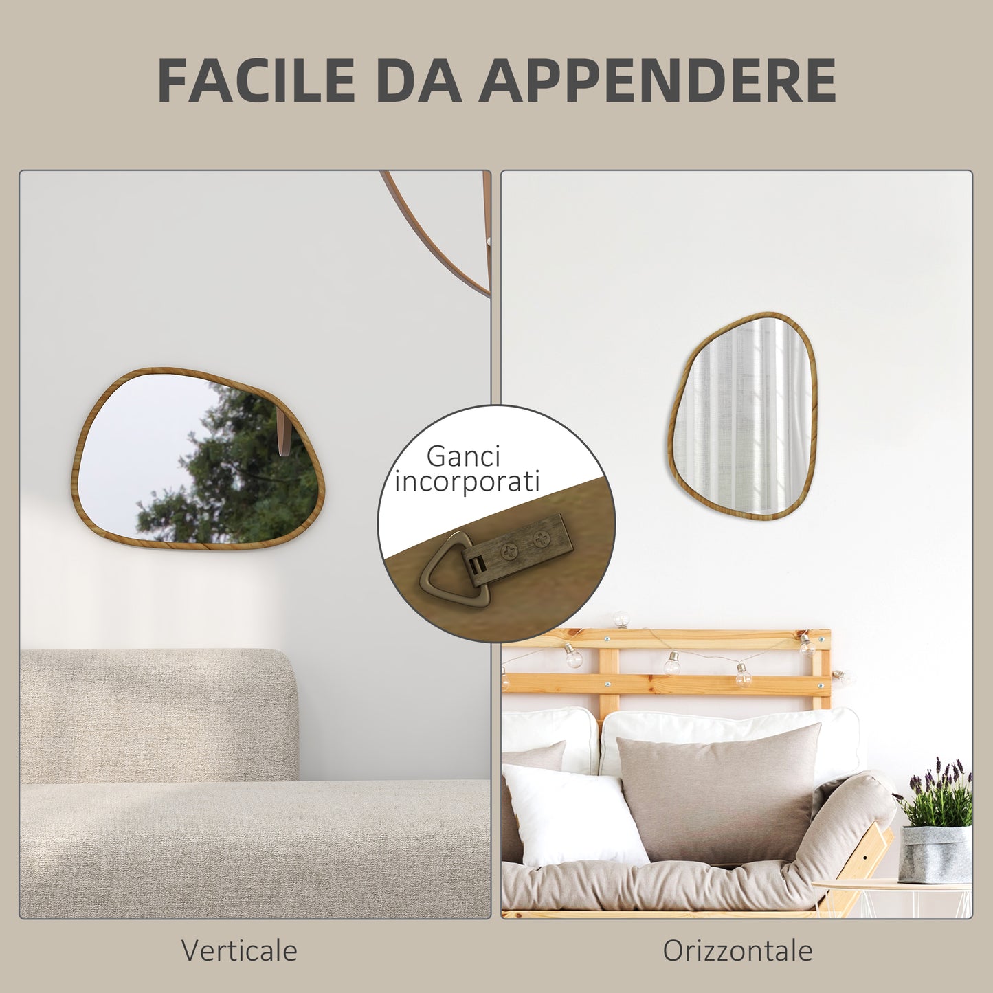 HOMCOM Modern Wall Mirror with Irregular Edges and Wooden Frame for Bedroom and Entrance, 70x50cm - Borgè