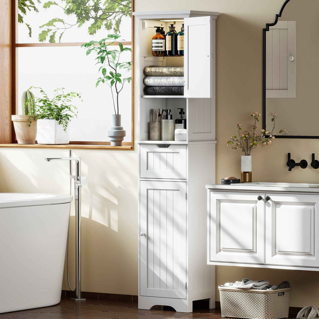 HOMCOM Wooden Bathroom Cabinet with 2 Sensor Cabinets, Open Shelf and Drawer, 40x30x170 cm, White
