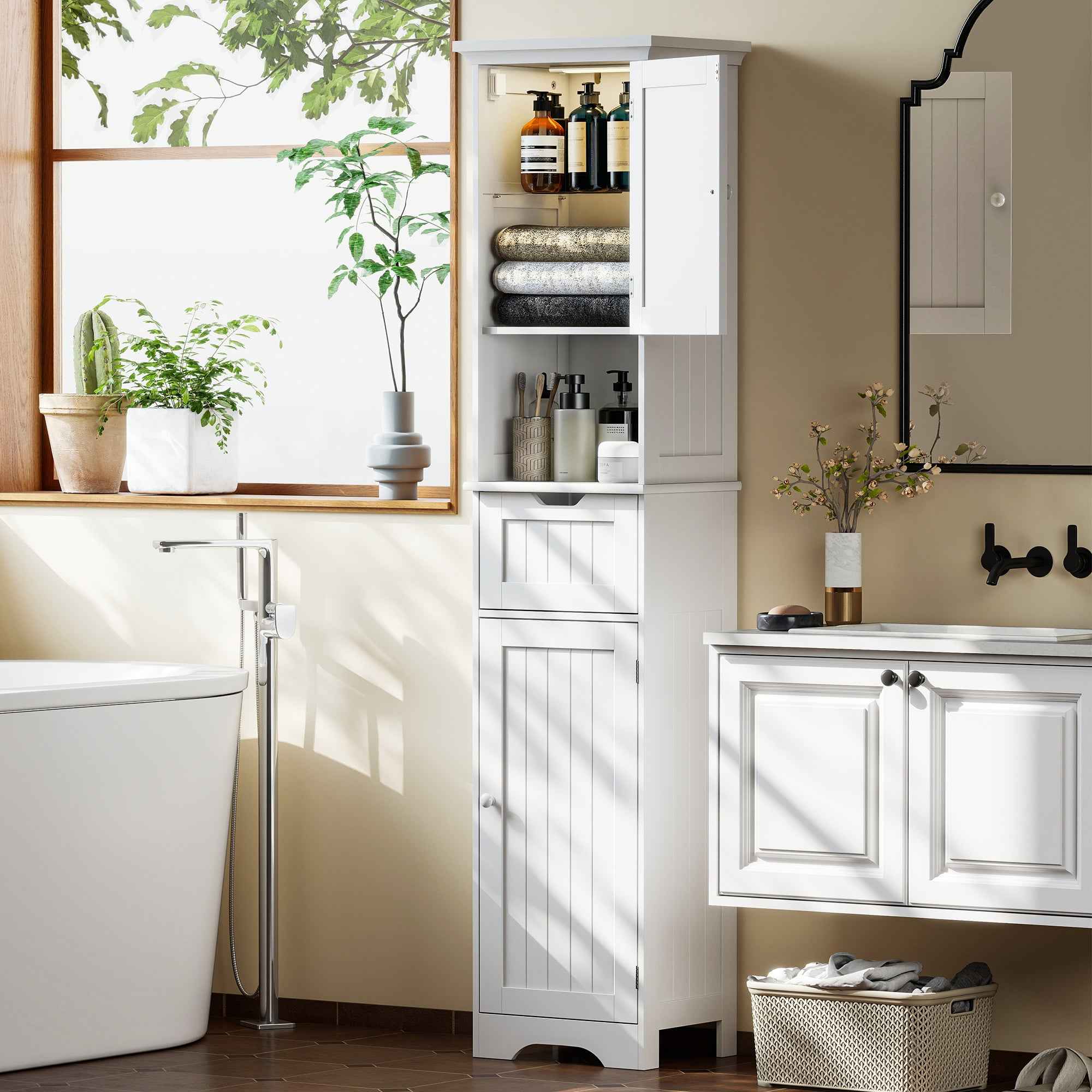 HOMCOM Wooden Bathroom Cabinet with 2 Sensor Cabinets, Open Shelf and Drawer, 40x30x170 cm, White