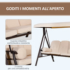 3-Seater Swing with Adjustable Roof, Cup Holder and Cushions, in Metal and Polyester, 208x121x172 cm, Beige
