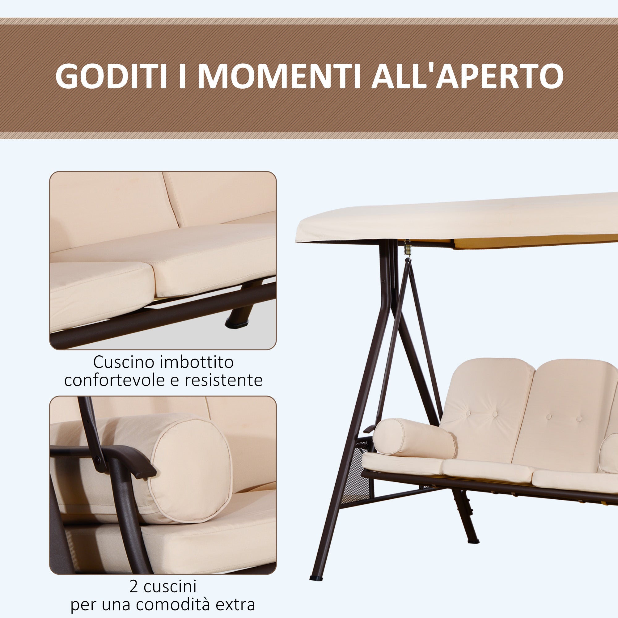 3-Seater Swing with Adjustable Roof, Cup Holder and Cushions, in Metal and Polyester, 208x121x172 cm, Beige