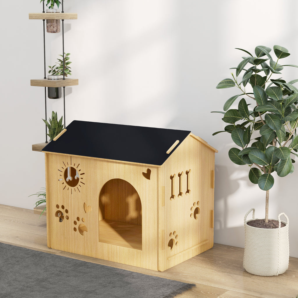 Indoor Dog House with Wooden Frame and Paw, Heart, and Bone-Shaped Openings, Oak