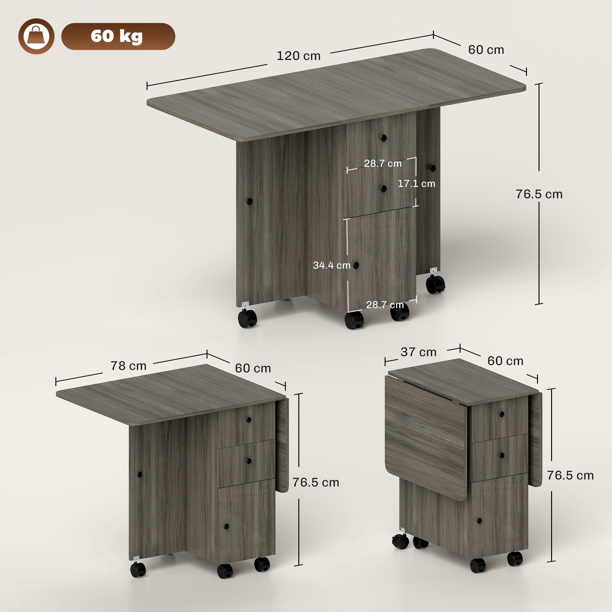 6-Wheel Drop-Leaf Table with 2 Drawers and Cabinet Doors, Wooden, 120x60x76.5 cm, Grey