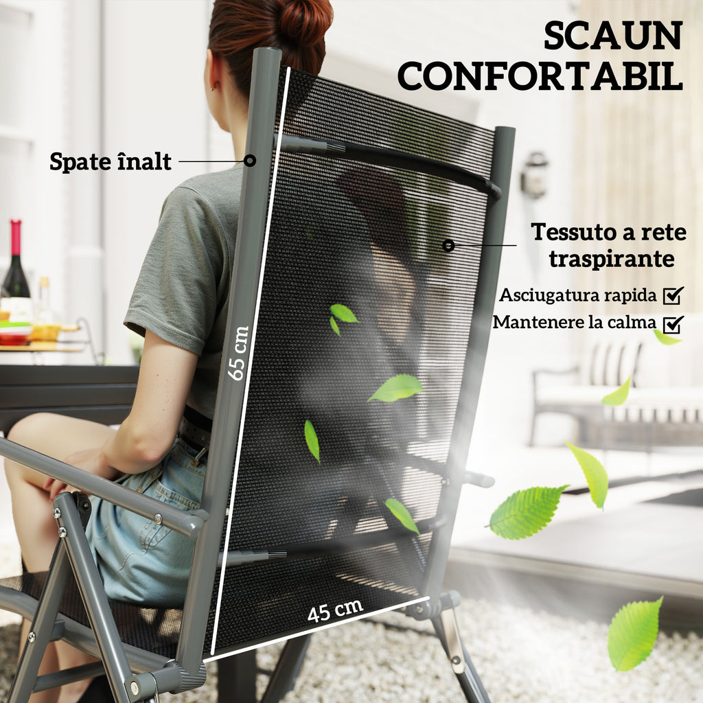 7 Piece Garden Set with 6 Folding Chairs and Extendable Table, in Steel, Aluminum and Mesh Grey and Black