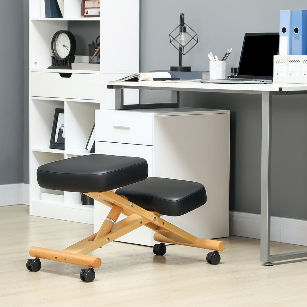 Ergonomic Postural Kneeling Chair, Adjustable Height and Wooden Wheels, Black