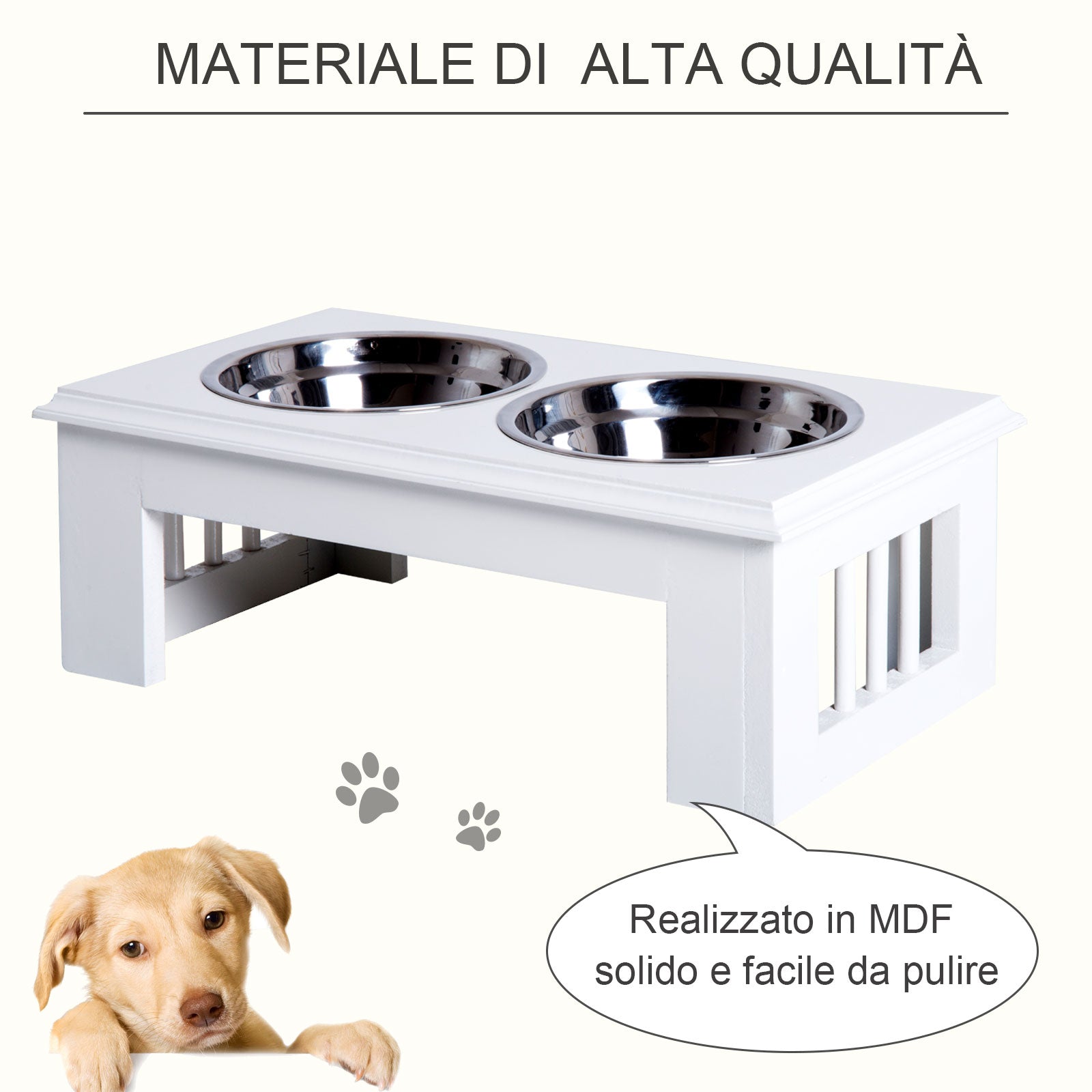 Pawhut Stainless Steel Raised Dog Bowl, MDF Wooden Base, with 2 Plates, 44x24x15cm - Borgè