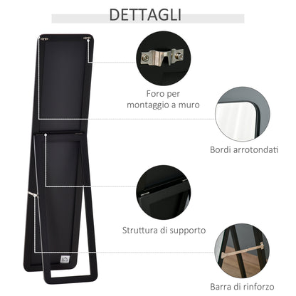 Floor and Wall Mirror with Wooden Structure and Folding Support, 37x43x156cm, Black