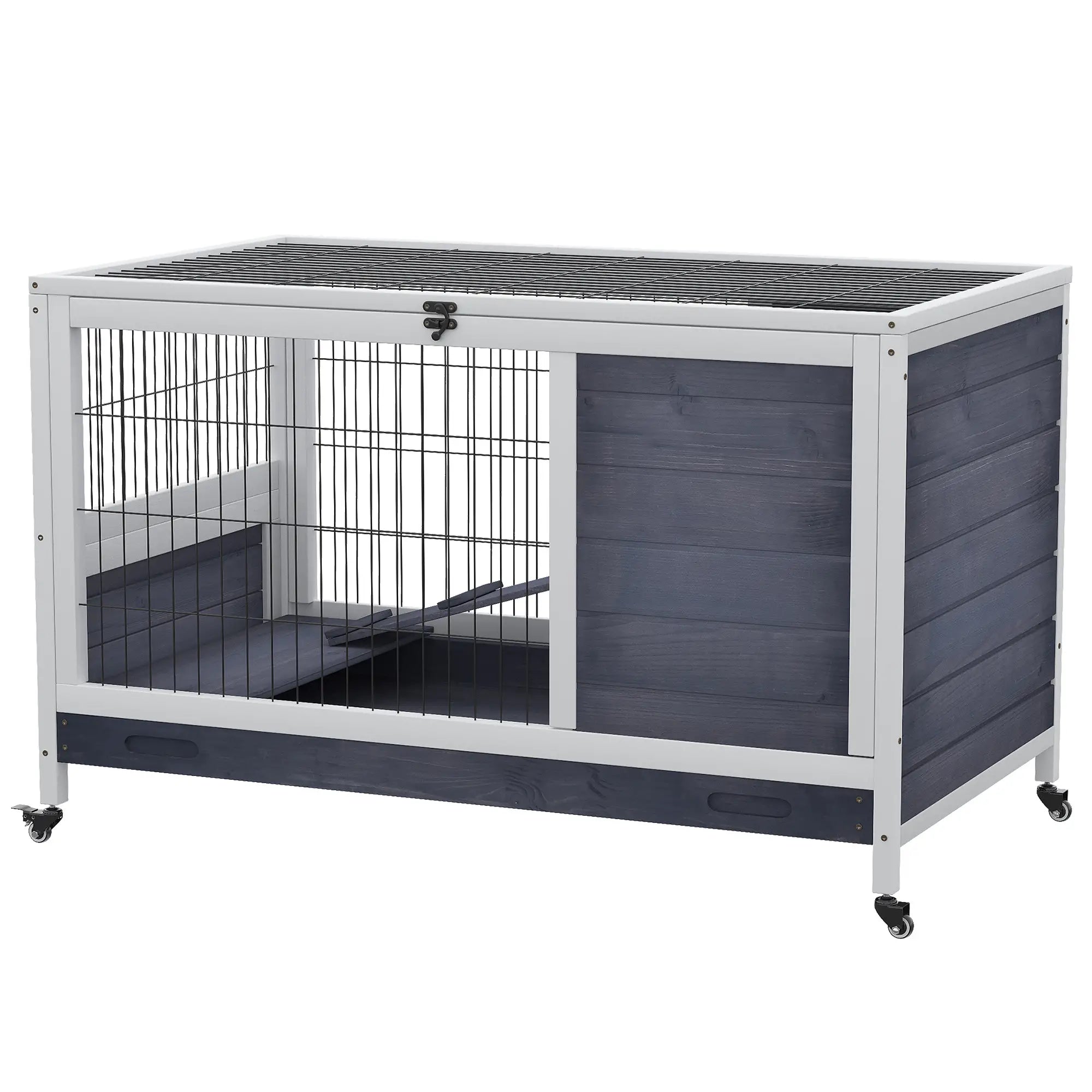 Rabbit and Guinea Pig Cage with 4 Wheels, House and Ramp, Natural Wood, Grey and White, 90x53x59cm - Borge' Group Limited
