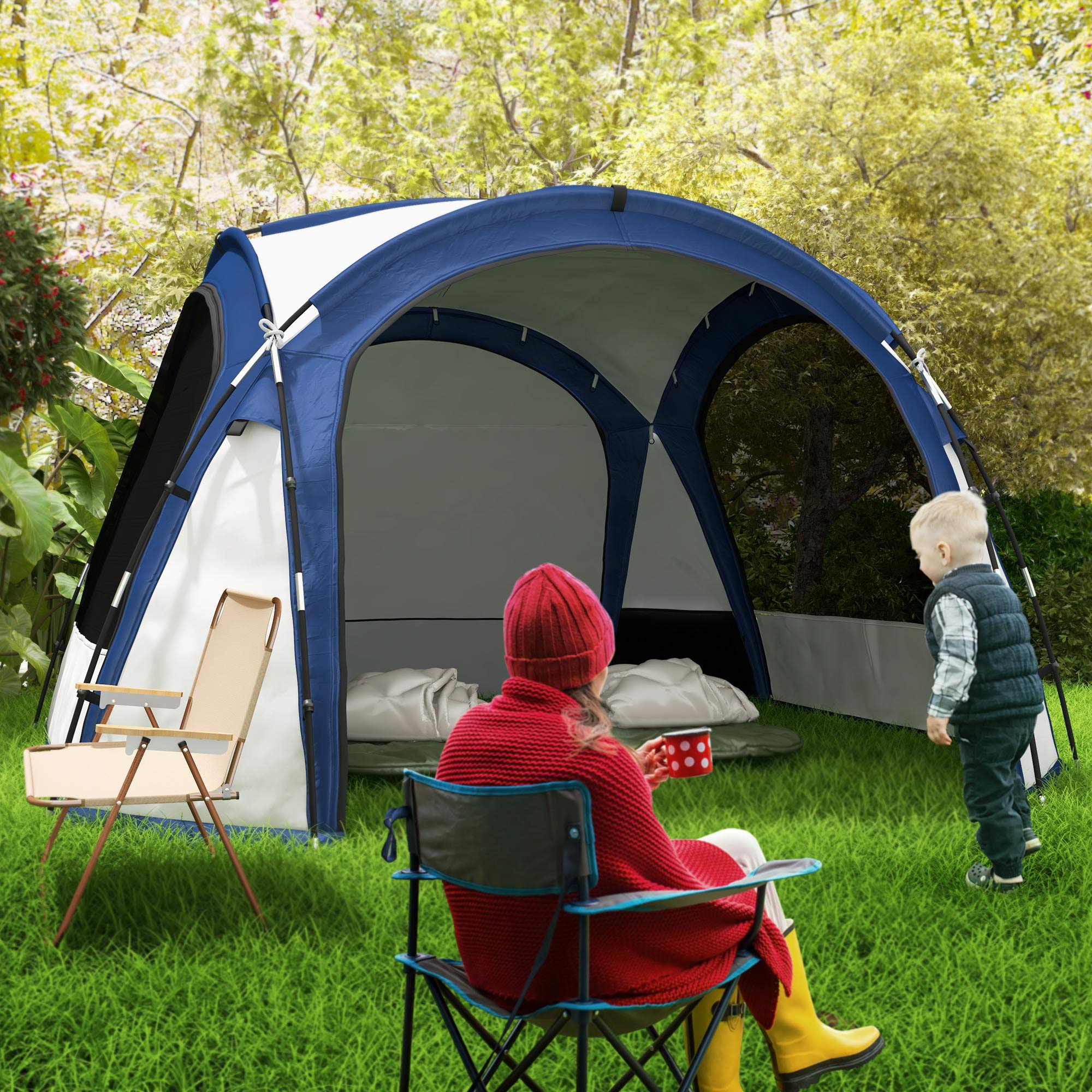 4-5 Person Camping Tent with 4 Zippered Doors, Mosquito Net and Hook, 350x350x230cm, White and Blue