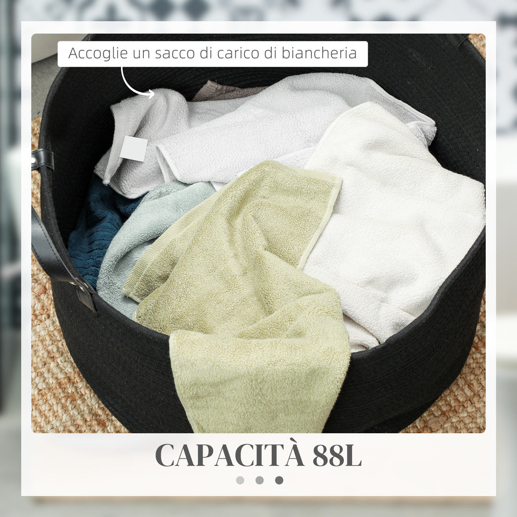 88L Portable Foldable Laundry Hamper with Natural Cotton Handles, Ø56x35.5 cm, Black