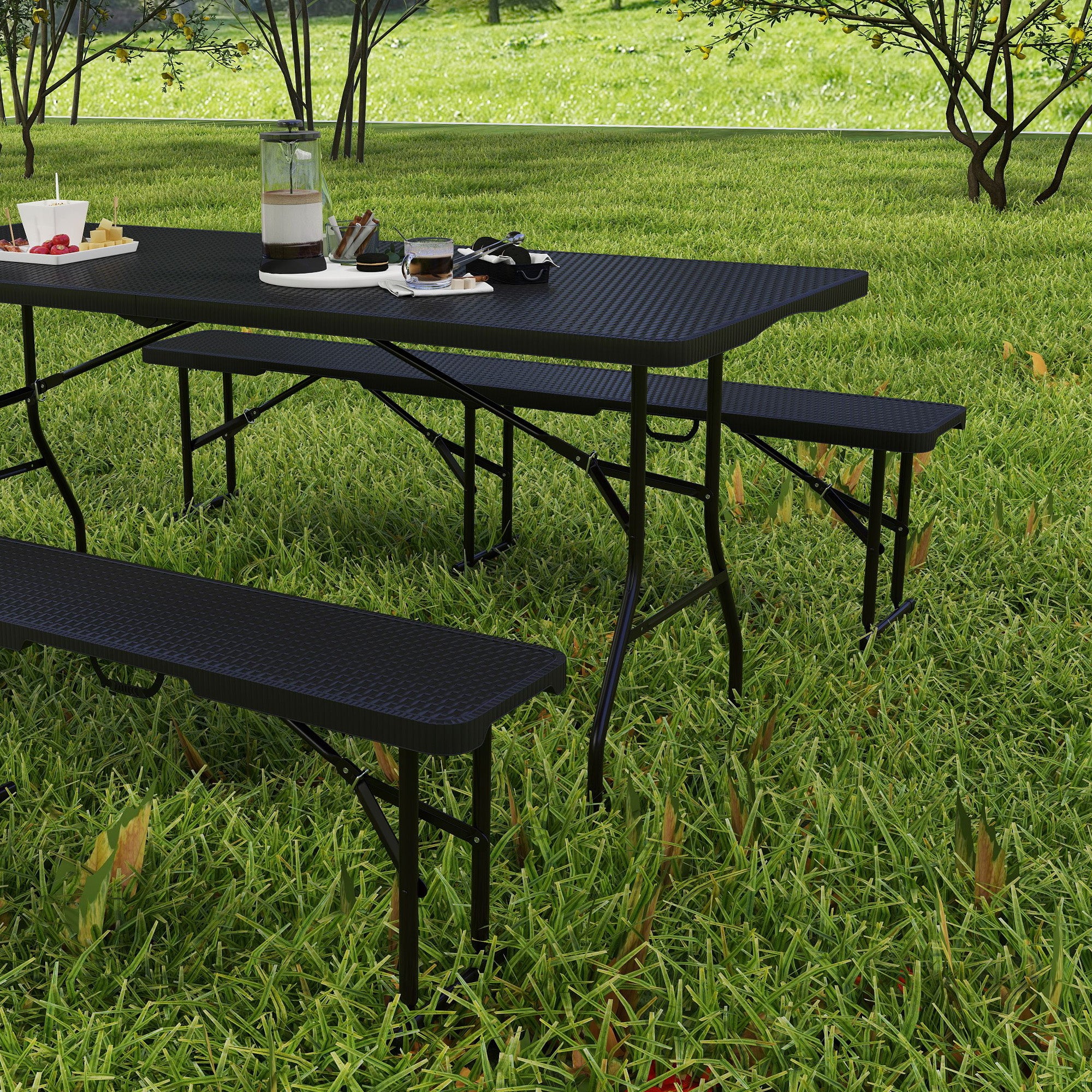 3-Piece Foldable Picnic Set with Table and 2 Benches in HDPE and Metal, Black