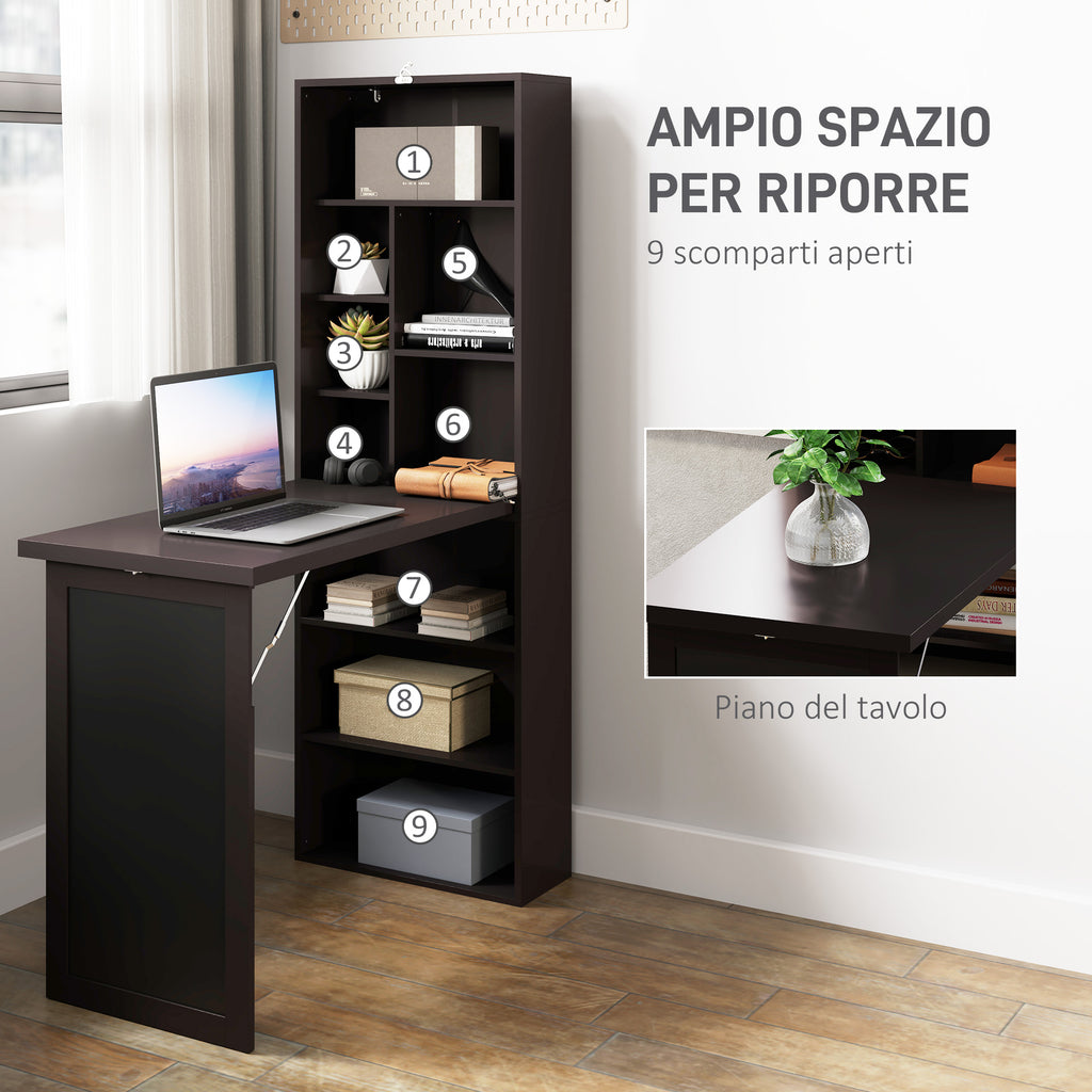 Modern Folding Desk with Bookcase and Blackboard, Wood and Metal, 98x51x153 cm, Brown