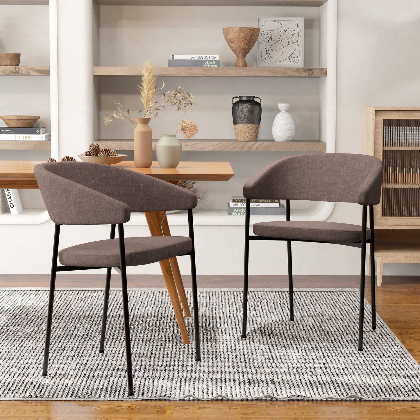 Set of 2 Padded Dining Chairs, in Linen Effect Fabric and Steel, 59x56x78 cm, Brown