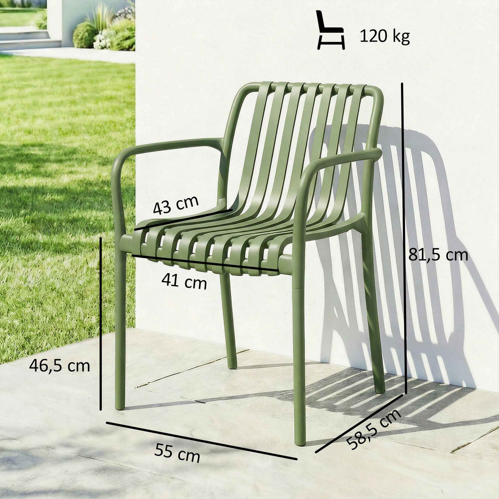 Outsunny Set of 4 Stackable Patio Chairs, Outdoor Dining Chairs with Curved Backrest, Slatted Seat and Armrests