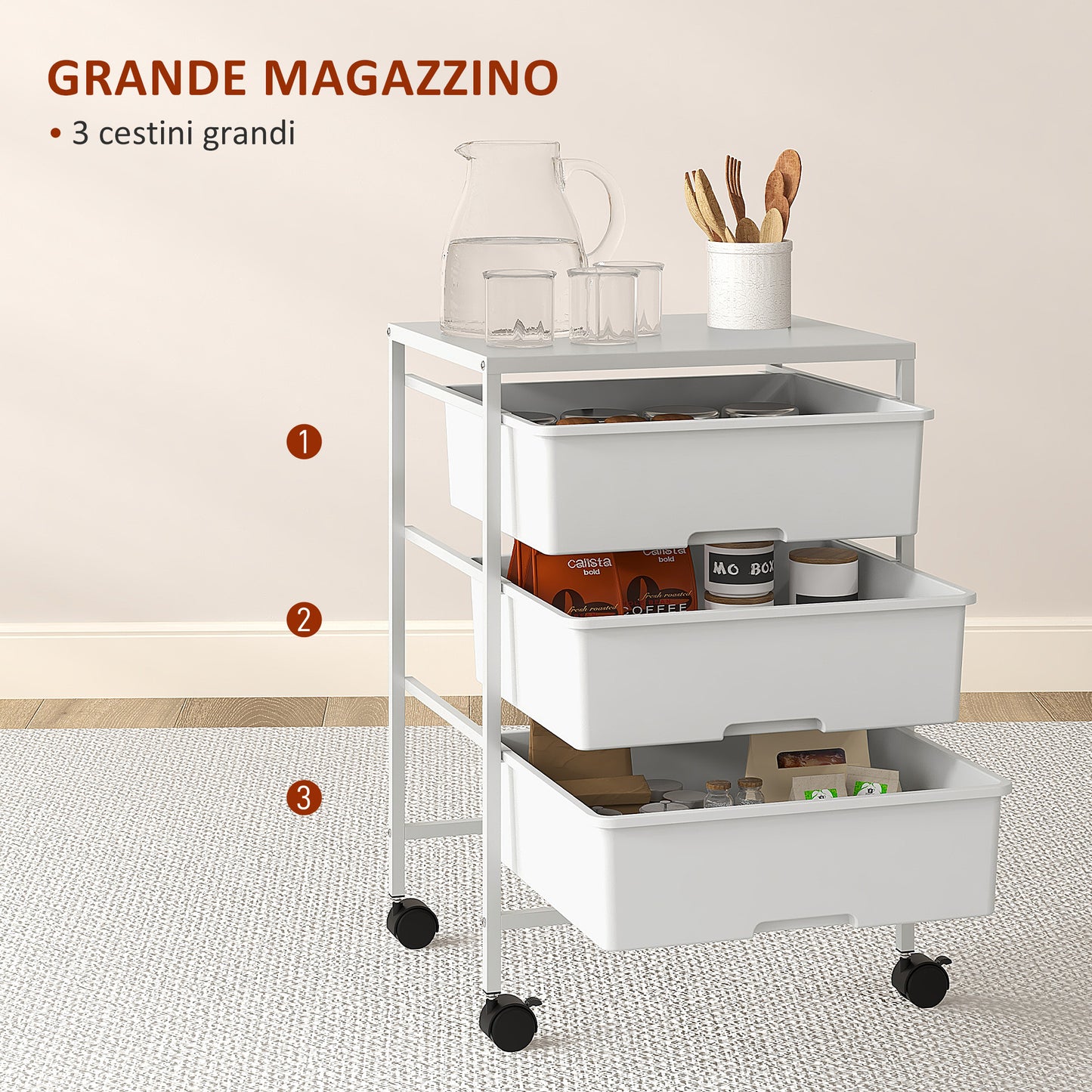 HOMCOM Multipurpose Trolley with 3 Removable Baskets and Wheels for Kitchen and Office in Steel and PP, White