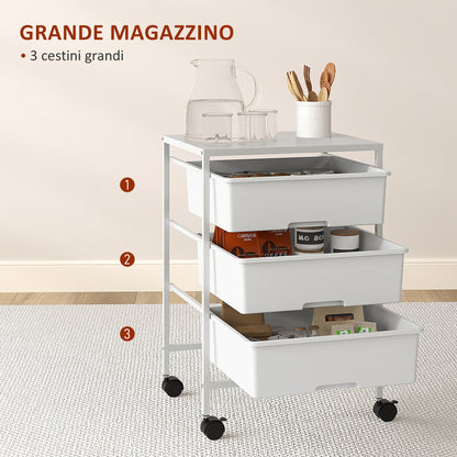 HOMCOM Multipurpose Trolley with 3 Removable Baskets and Wheels for Kitchen and Office in Steel and PP, White