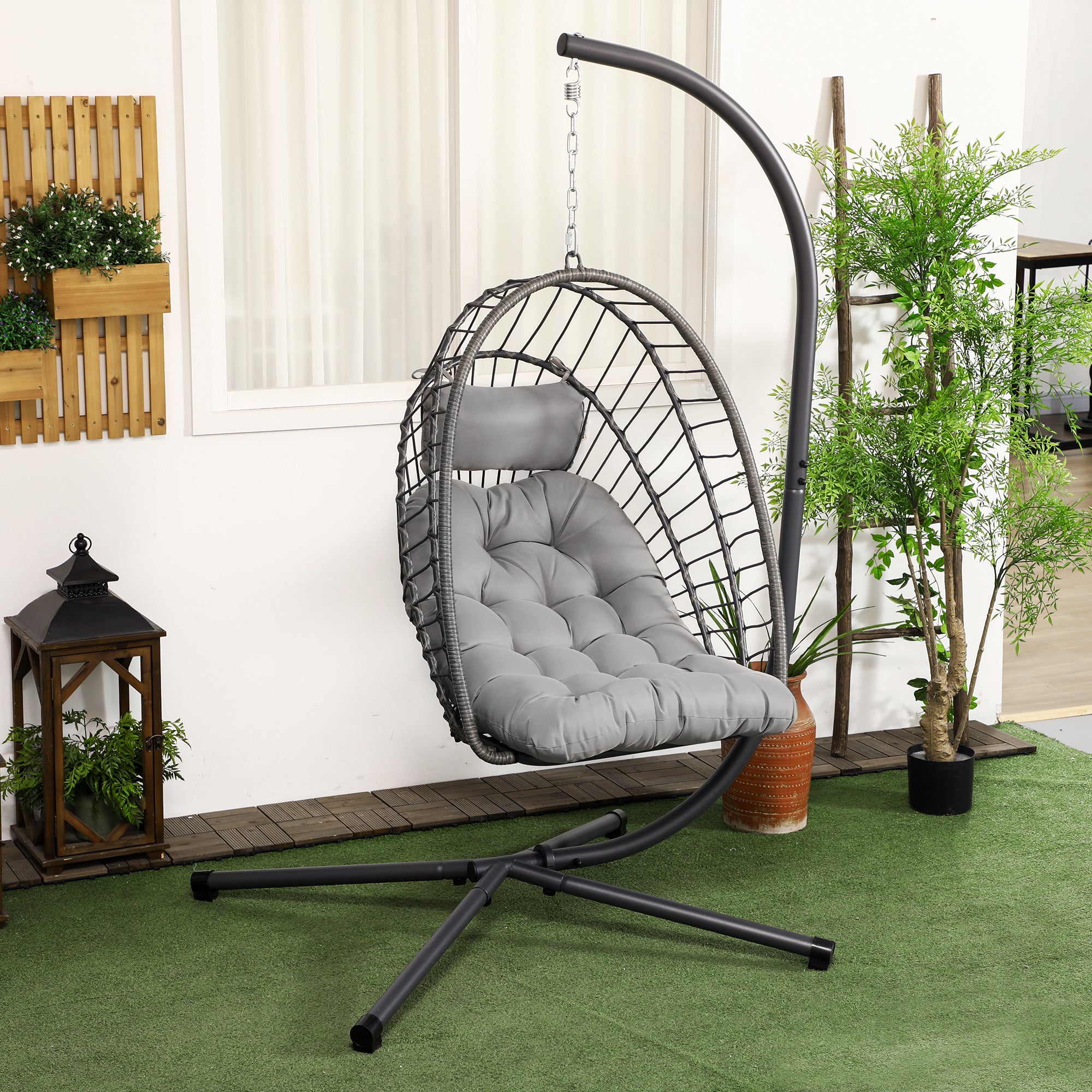 Hanging Armchair in PE Rattan with Cushion, Folding Seat and Steel Structure, Grey - Borgè