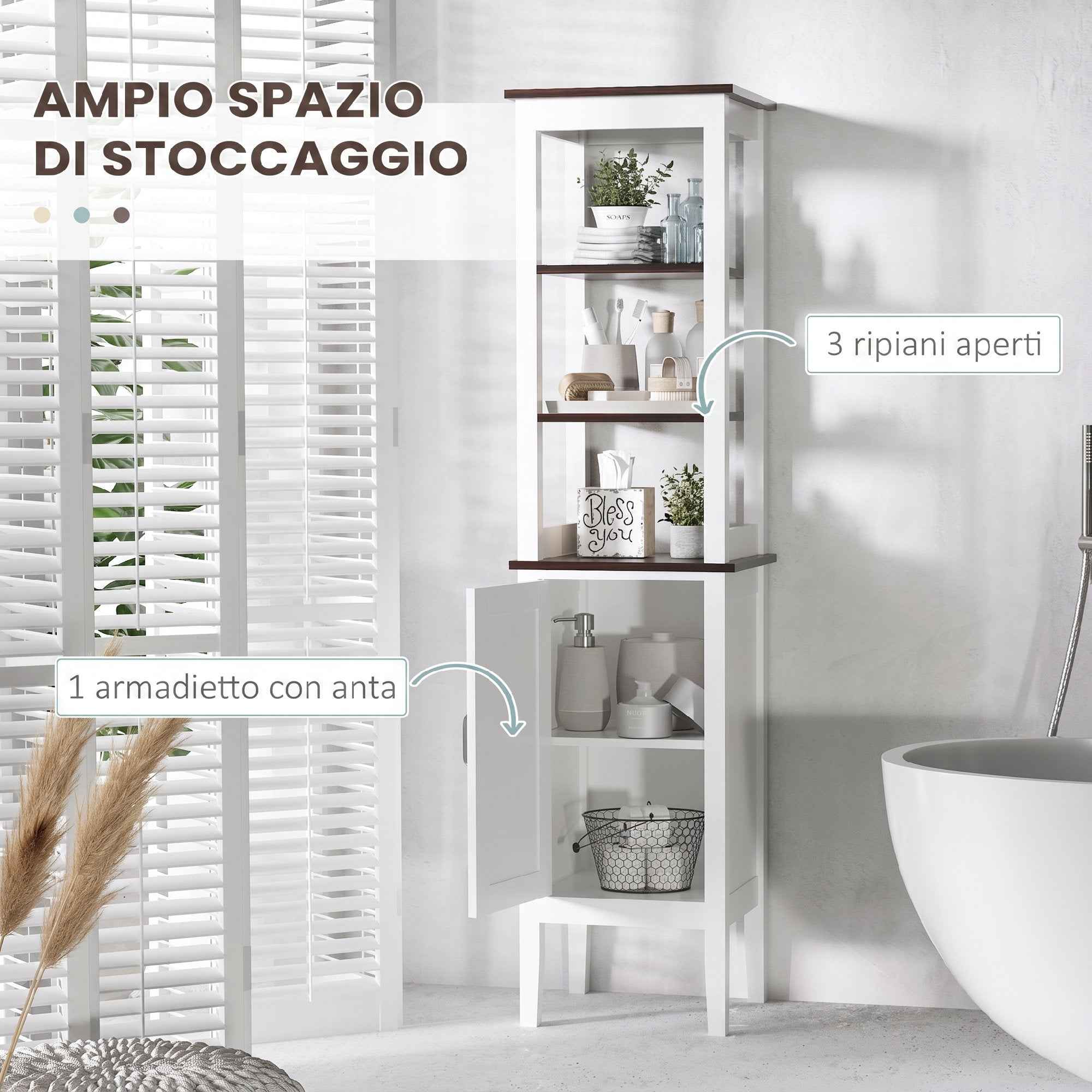 HOMCOM Tall Narrow Bathroom Cabinet, Space-Saving Bathroom Storage Cabinet with 3 Open Shelves, Adjustable Shelf, for Laundry Room, 40x38x162.5 cm, White