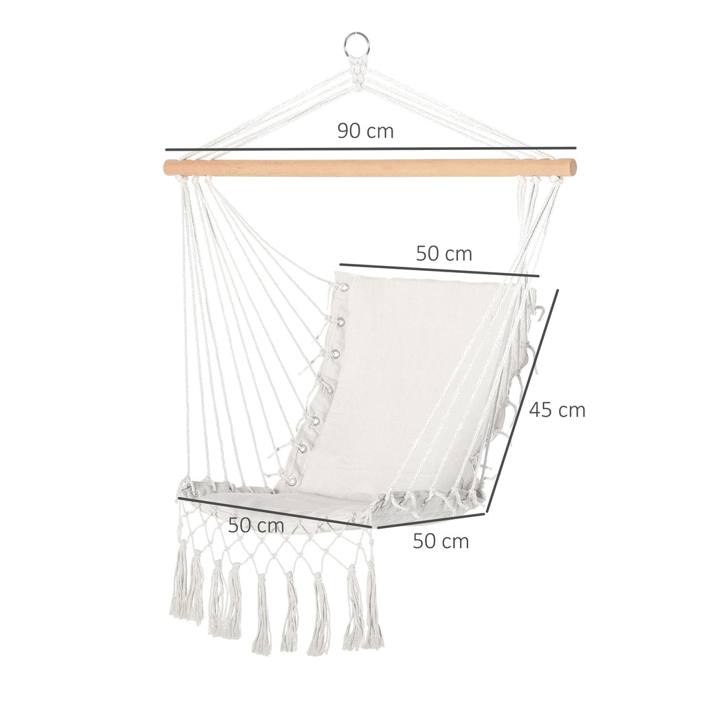 Indoor and Outdoor Hanging Rocking Chair in Fabric with Tassels, 90x50 cm, Cream