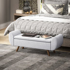 Bedside Storage Bench with Fabric Armrests, Wooden Legs and 53.8L Compartment, 132x42x50 cm, Grey