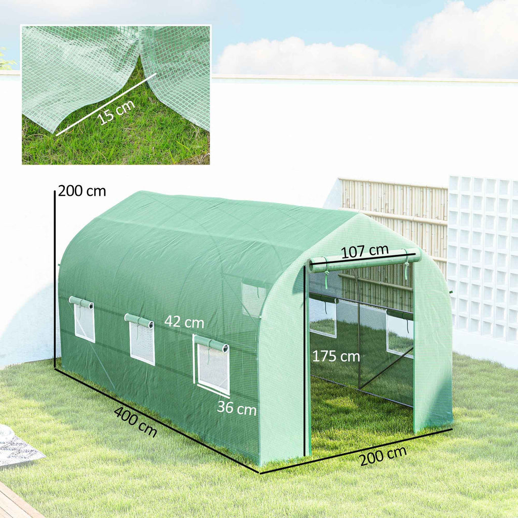Outsunny UV-Proof Tunnel Greenhouse with 6 Mesh Windows and Roll-Up Entrance, Metal and PE, 4x2x2 m, Green