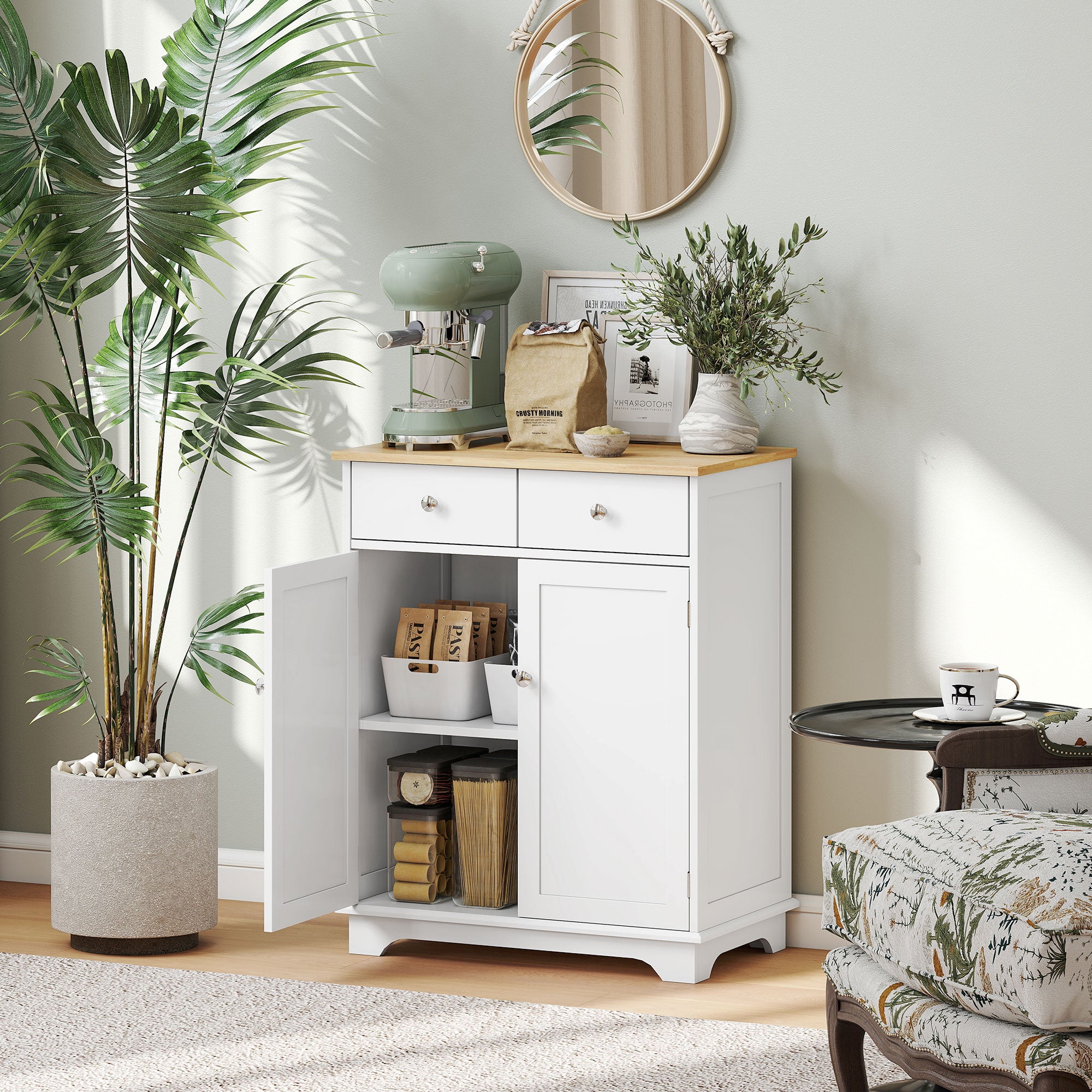 Low Sideboard with 2-Door Cabinet, Adjustable Shelves and 2 Drawers, White and Wood