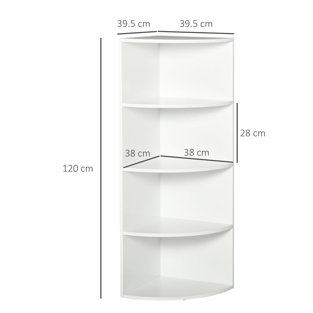 HOMCOM Corner Bookcase with 4 Shelves, Wall Mounted and Wooden, 39.5 x 39.5 x 120 cm, White