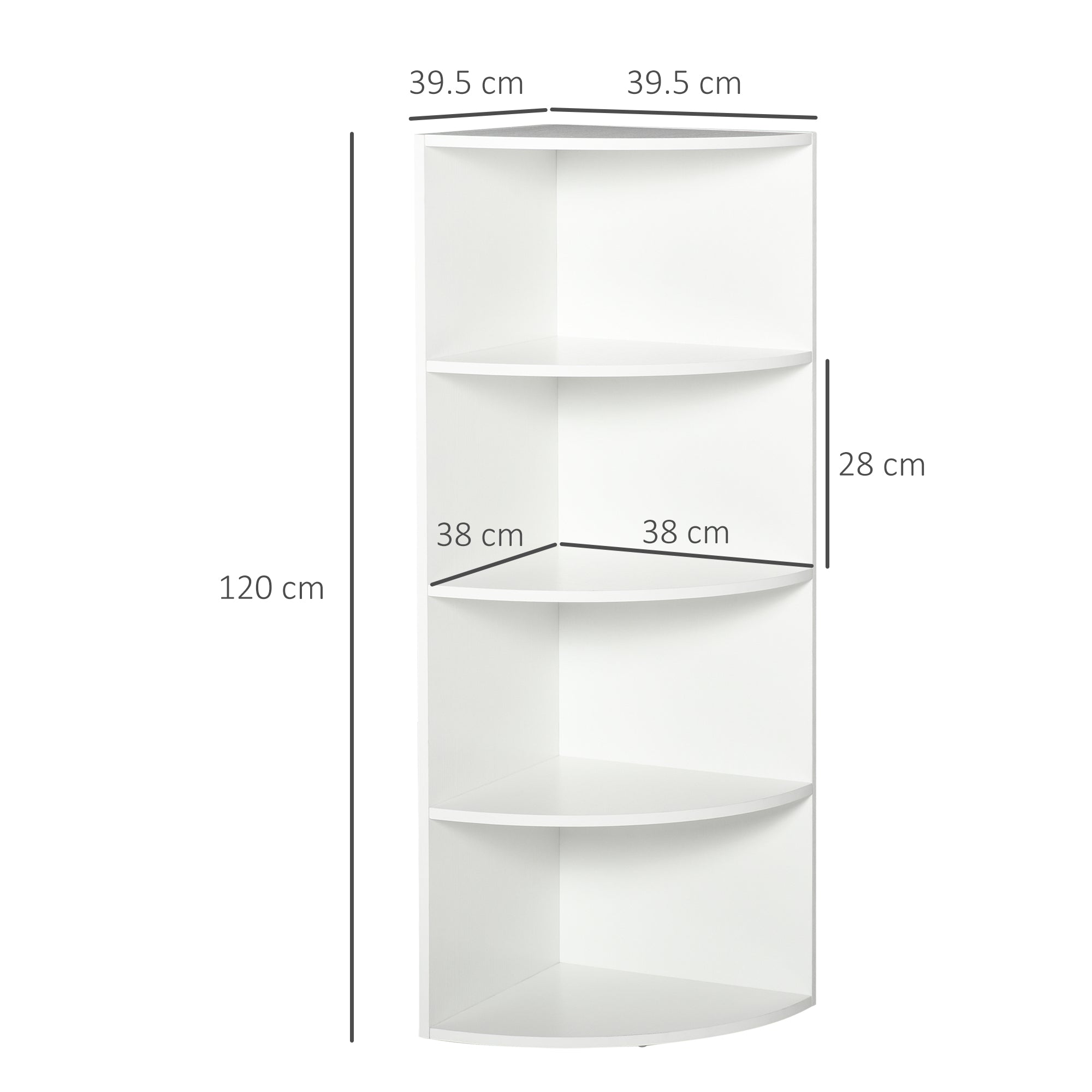 HOMCOM Corner Bookcase with 4 Shelves, Wall Mounted and Wooden, 39.5 x 39.5 x 120 cm, White
