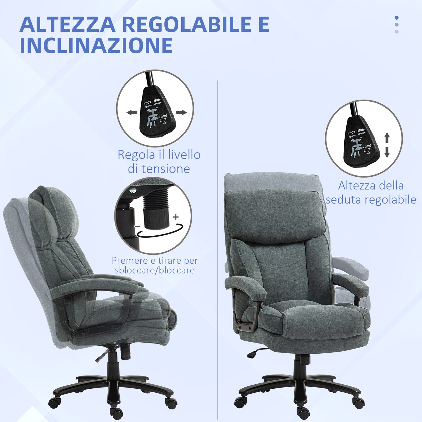 HOMCOM Reinforced Office Chair Capacity 200kg, Swivel and Inclinable in Velvet Fabric, Gray