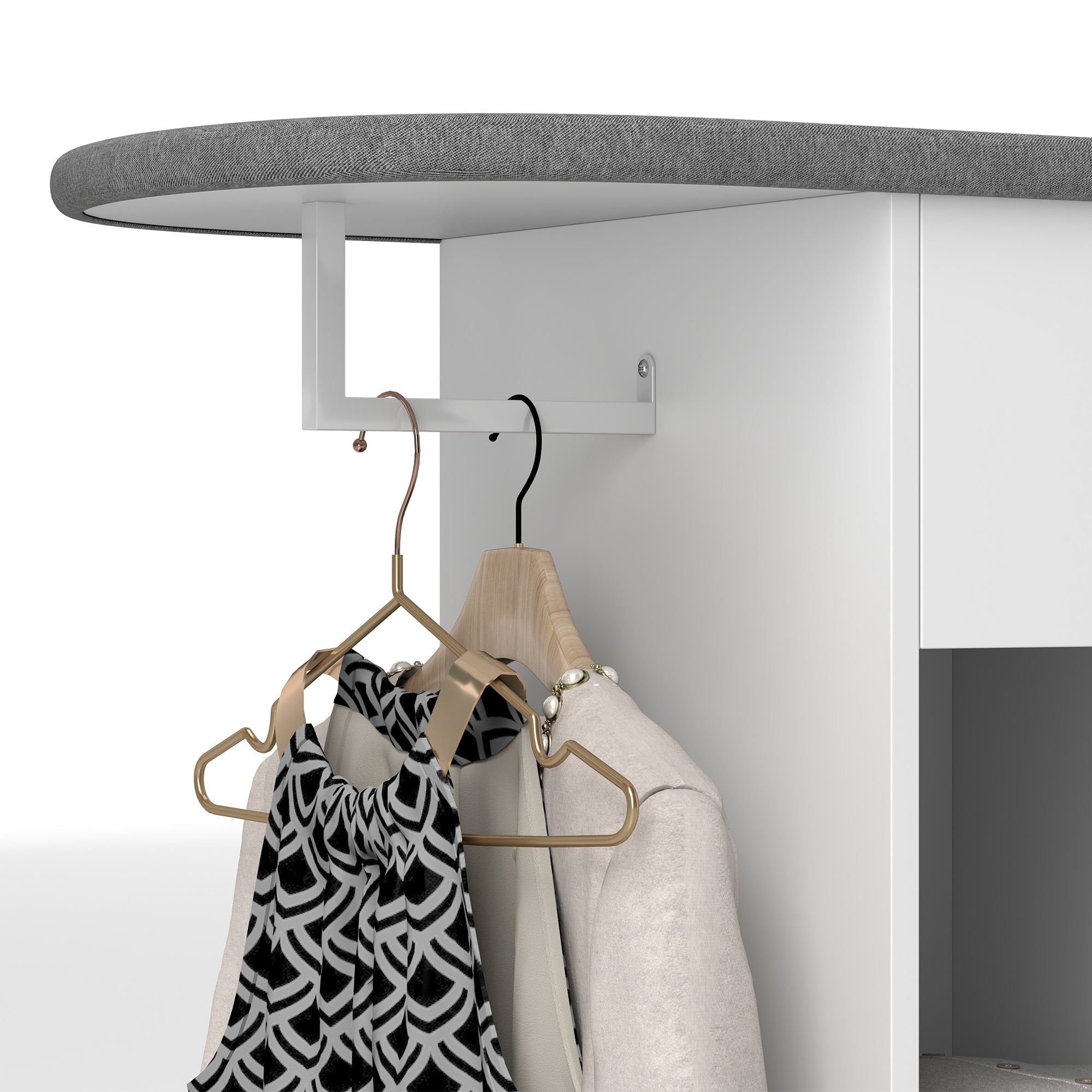 Mobile Ironing Board with Wheels and Iron Holder, Clothes Bar, Drawer and Shelves, 125x43.5x112cm, White