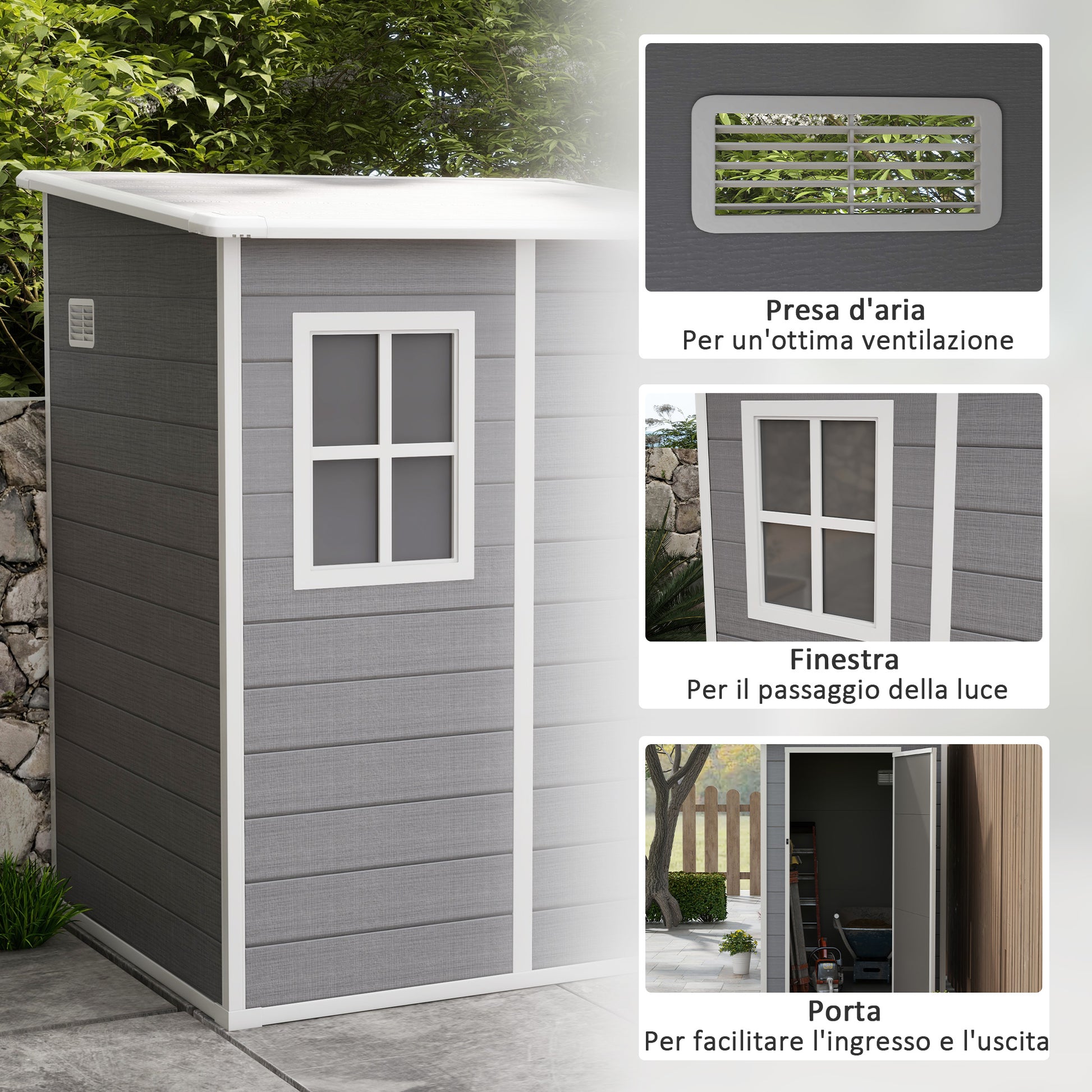 Outsunny Garden Shed with Window and Double Door, in Aluminum and PP, 122x149x192 cm, Gray - Borgè