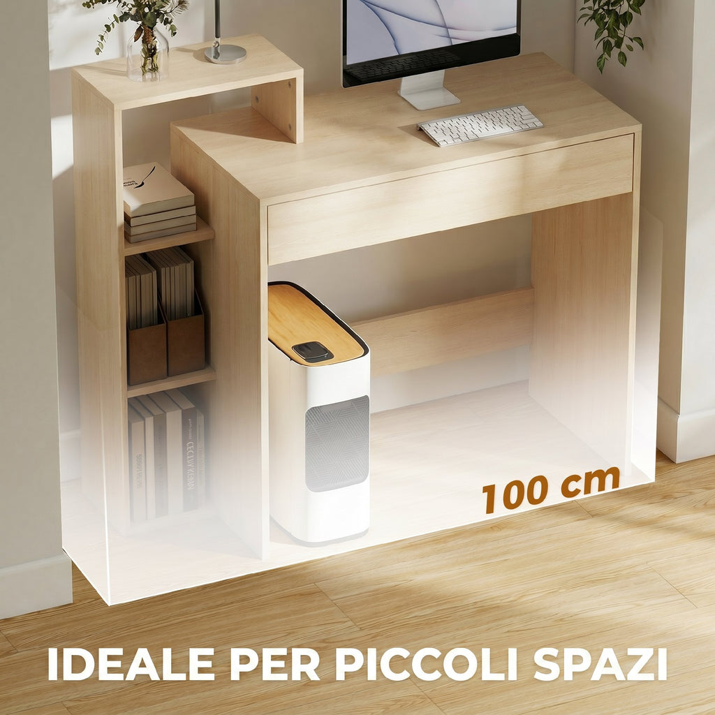 HOMCOM Modern PC Desk with 3 Open Shelves and Drawer, Wooden, Wood Color, 100x40x90 cm