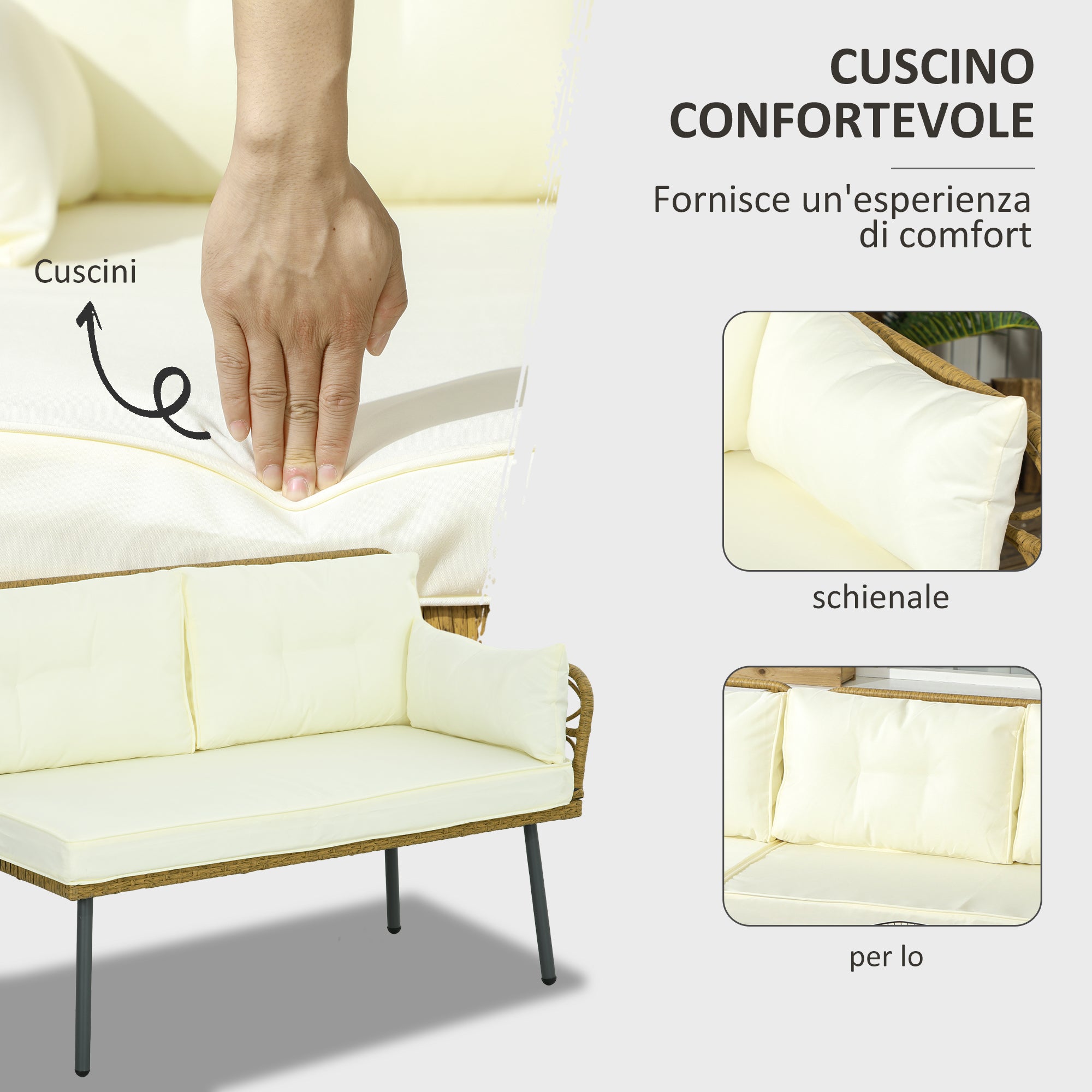 PE Rattan Garden Lounge with Chaise Longue, 2-Seater Sofa and Coffee Table, Cream - Borgè