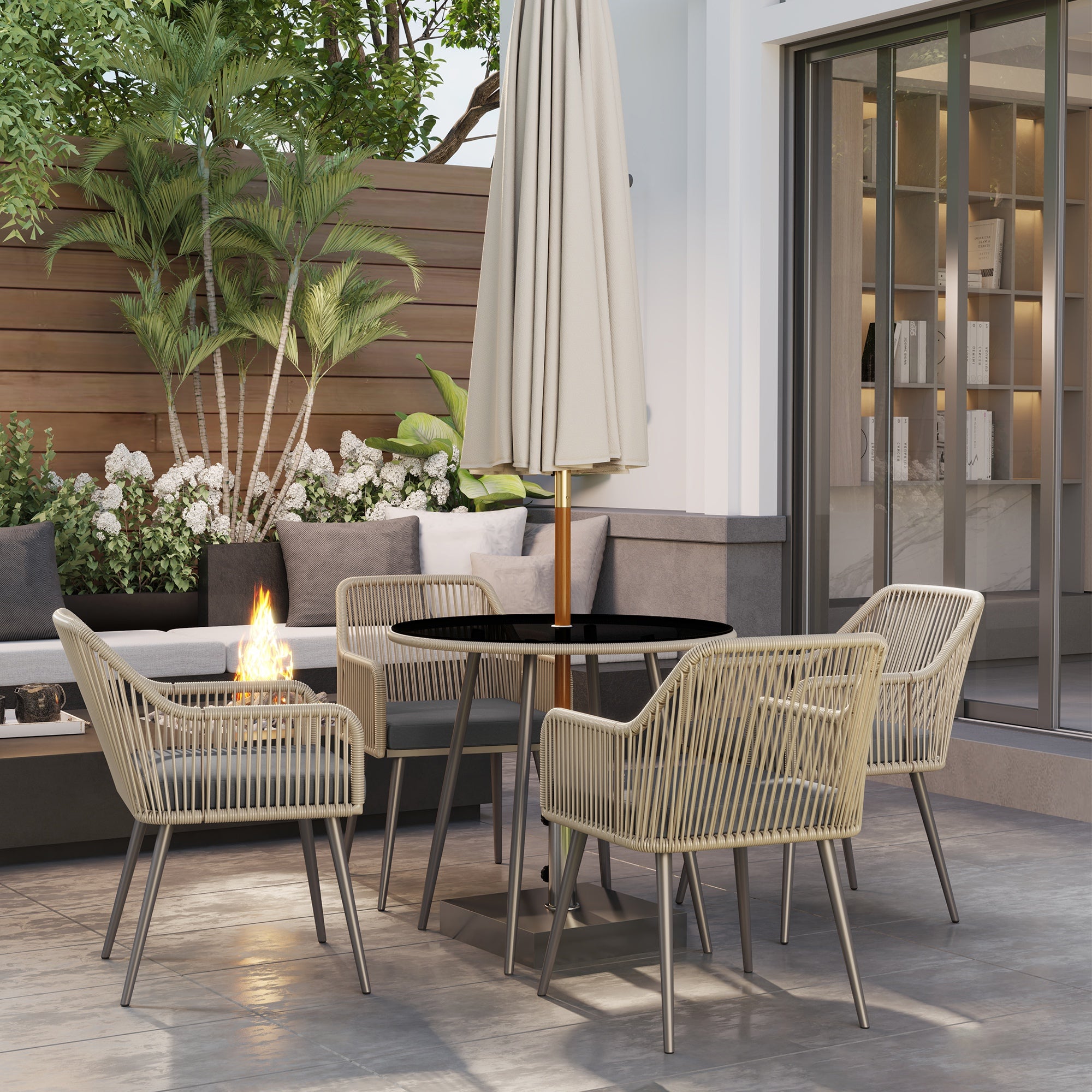 5 Piece Rattan and Steel Garden Set with 4 Outdoor Chairs and Round Table with Hole, Brown and Grey