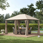 Outsunny 4x3m Garden Gazebo with 6 Removable Curtains, Metal Frame and Beige Polyester Canopy