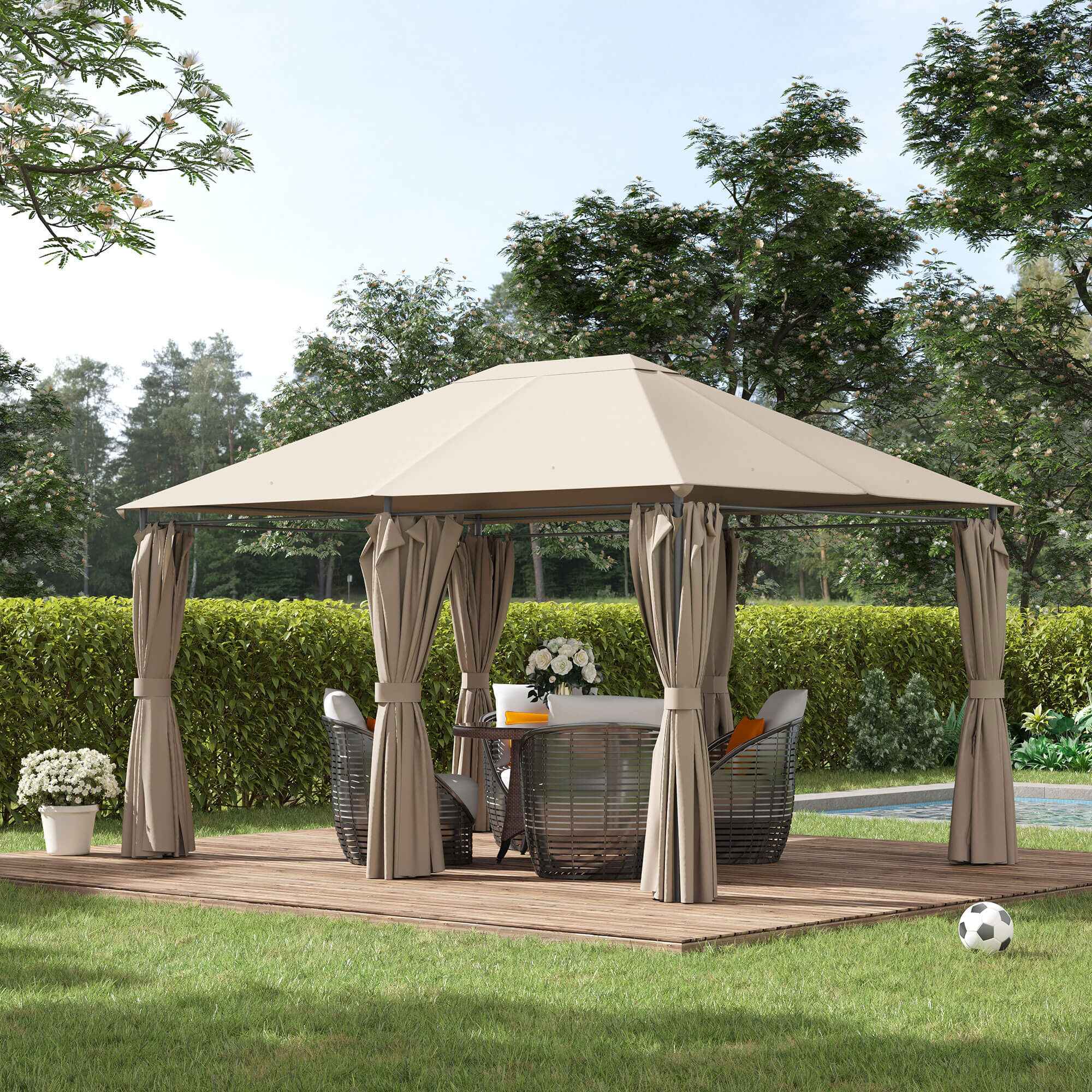 Outsunny 4x3m Garden Gazebo with 6 Removable Curtains, Metal Frame and Beige Polyester Canopy