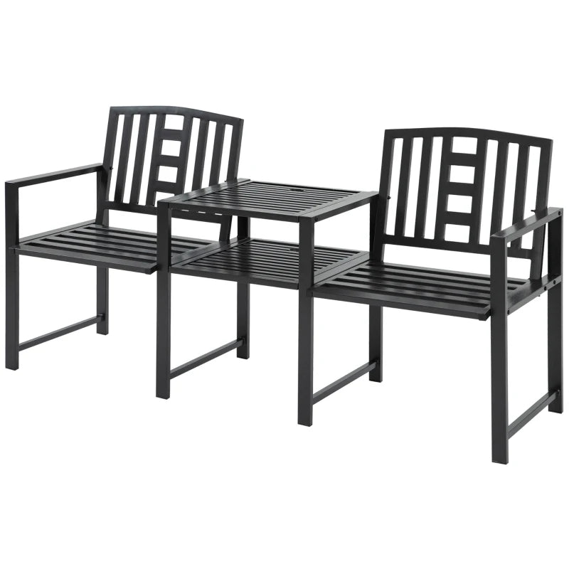 Modern 2-Seater Garden Bench with Table and Umbrella Hole Outdoor Furniture 165x56x85.5cm Black - Borge' Group Limited