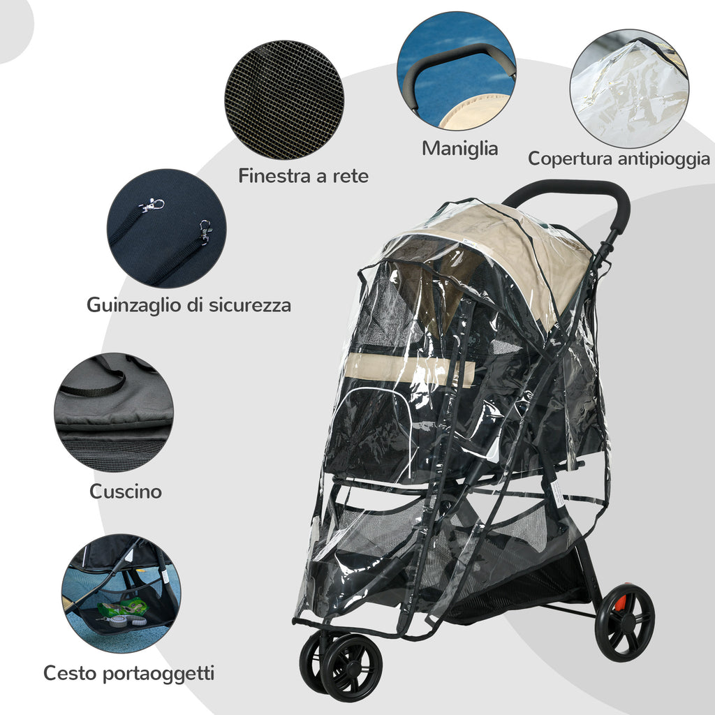 3-Wheel Folding Small Dog Stroller with Rain Cover and Basket, Khaki