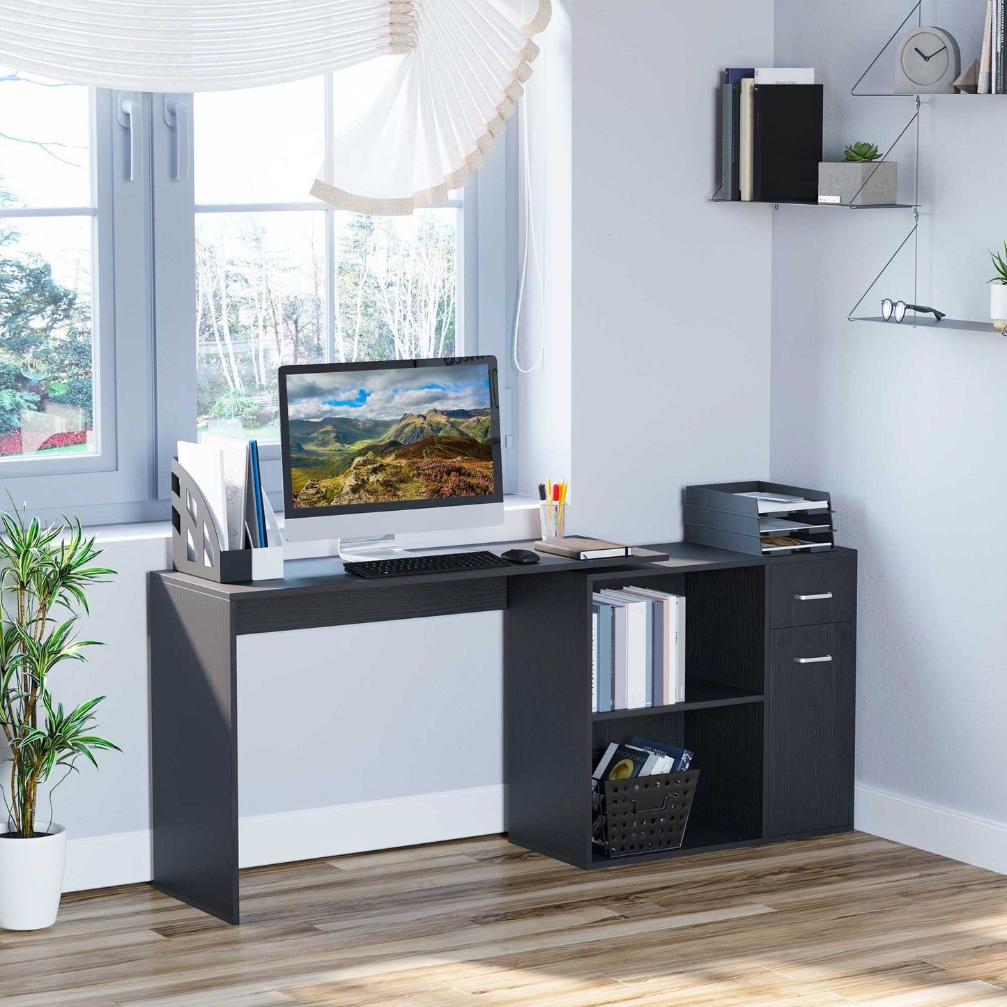 Corner Desk for Study and Office with 2 Drawers and 2 Shelves, Wooden, 117x82x74 cm, Black