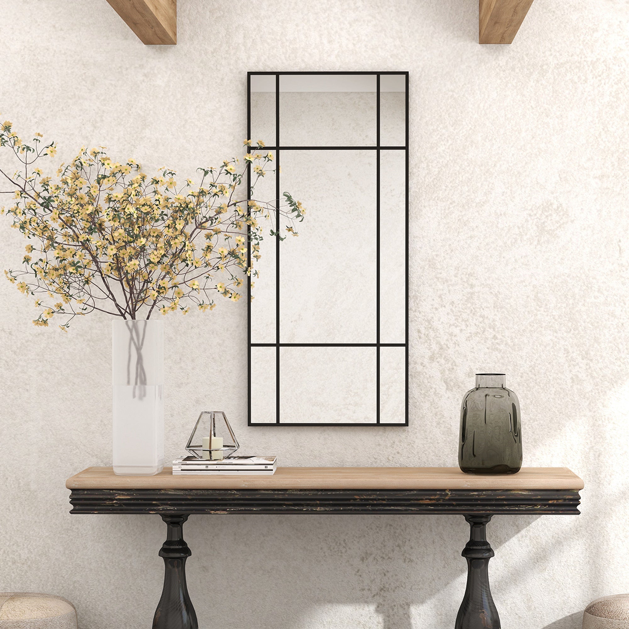 Window Style Wall Mirror with Vertical and Horizontal Mounting, 110x50cm, Black