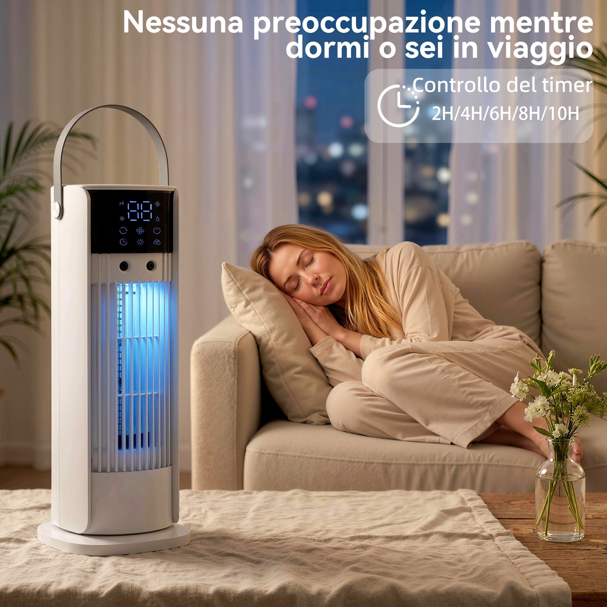 HOMCOM Misting Table Fan, Remote Control, Handle, LED Lights, 3 Speeds, 10-Hour Timer, White
