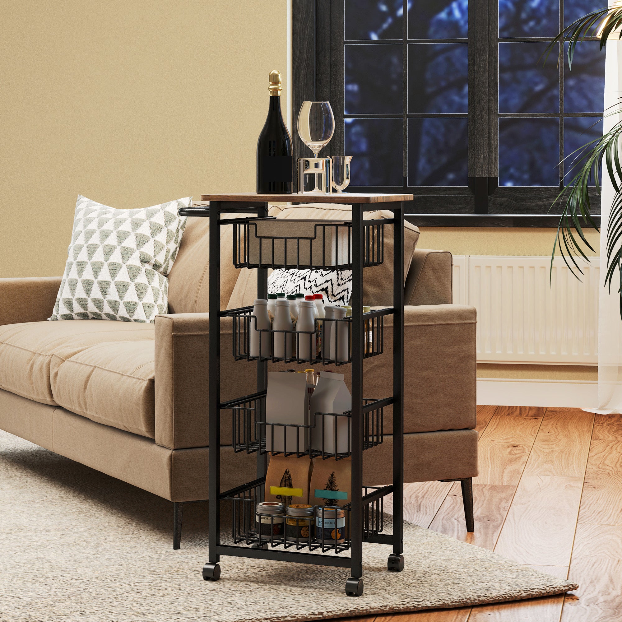 Kitchen Trolley with 4 Pull-Out Baskets, Wheels and Brakes, Steel and Wood, 49.5x31x91 cm, Oak