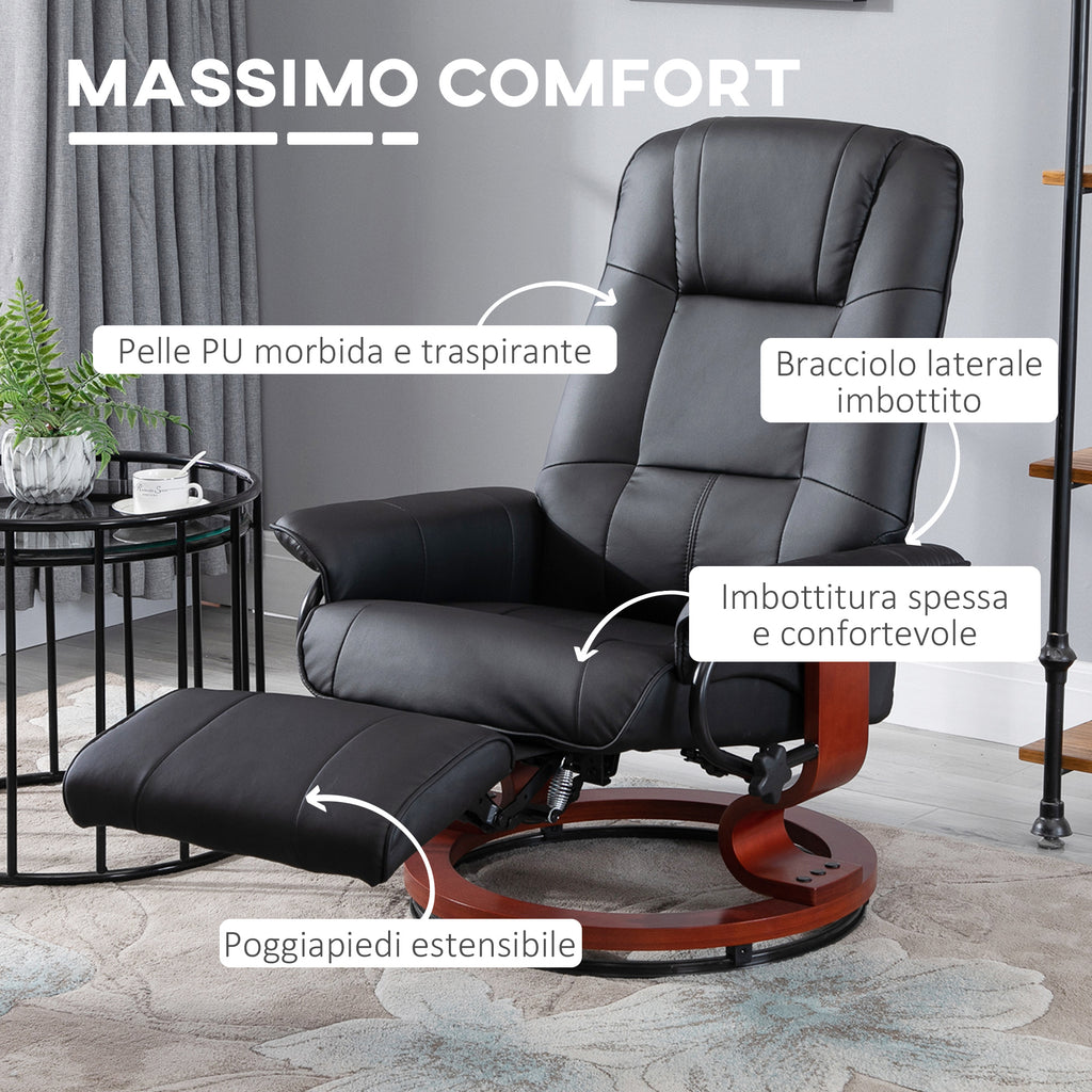 Manually Reclining Relaxing Chair up to 145° with Footrest and Faux Leather Upholstery, Black