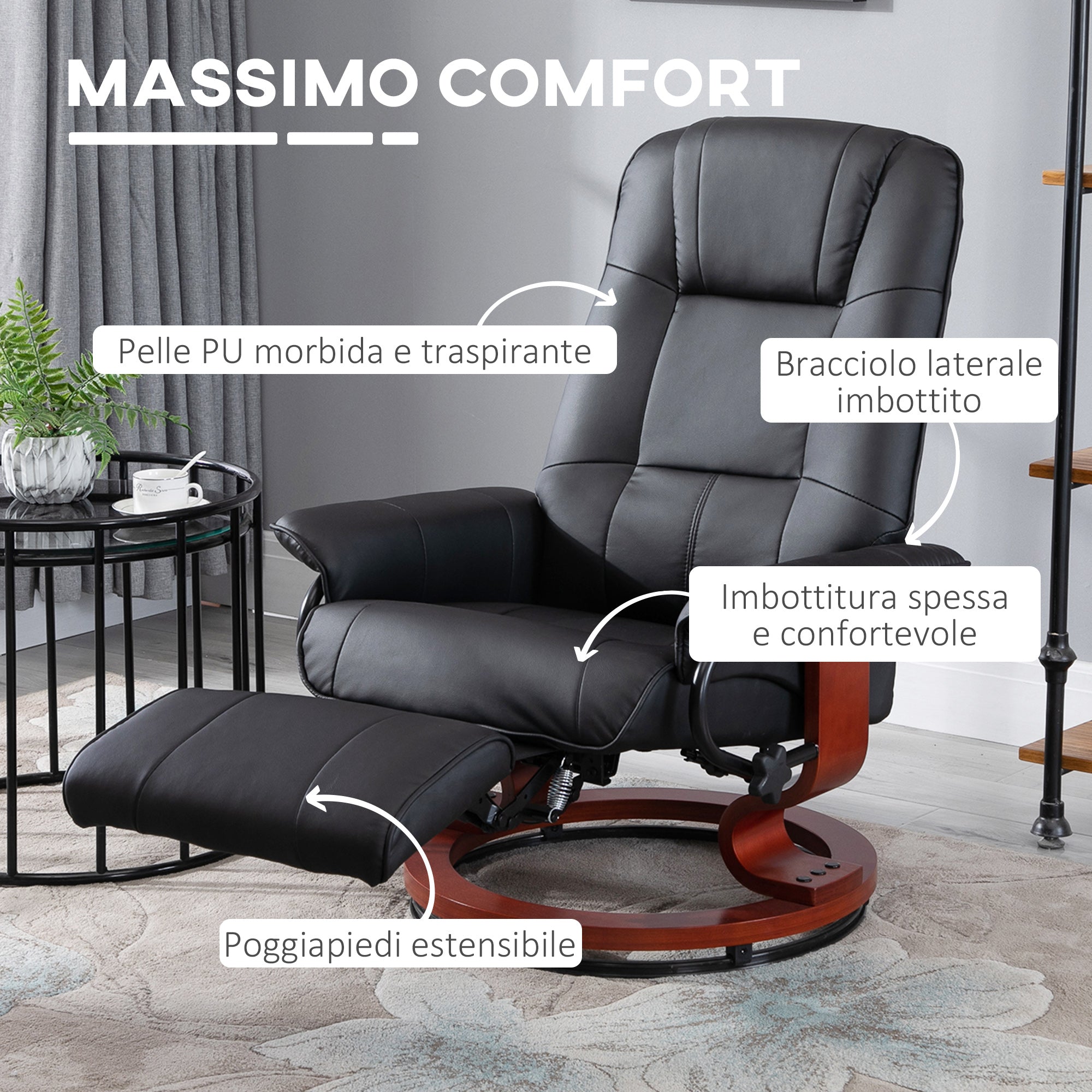 Manually Reclining Relaxing Chair up to 145° with Footrest and Faux Leather Upholstery, Black
