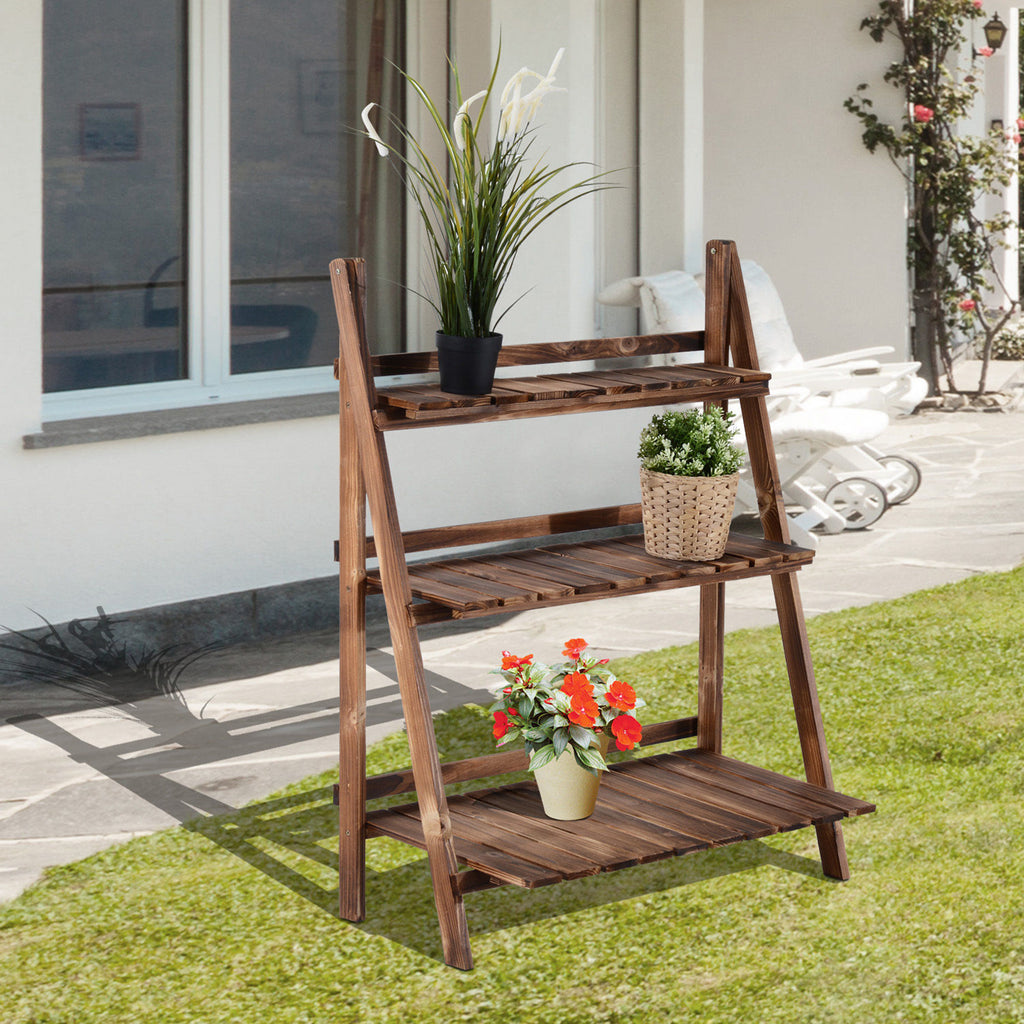 Folding Plant Stand in Fir Wood with 3 Tiers Outdoor Shelf for Plants Flower Racks 80x37x93cm