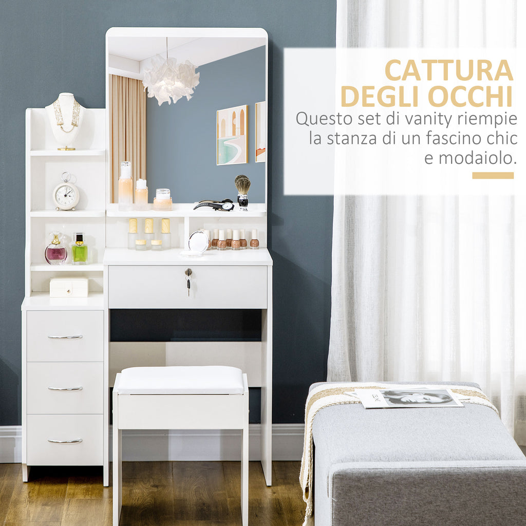 Dressing Table with Mirror, Dressing Table, Stool, 4 Drawers and 4 Shelves, White