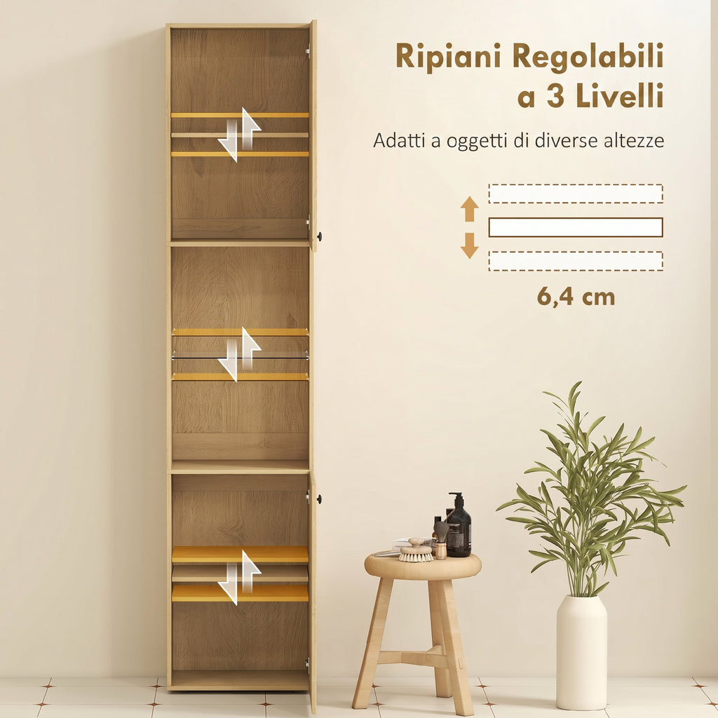 HOMCOM Slim Bathroom Cabinet with 6 Shelves, 2 Doors, Open Compartments, Tempered Glass Shelf, Adjustable Shelves, Oak