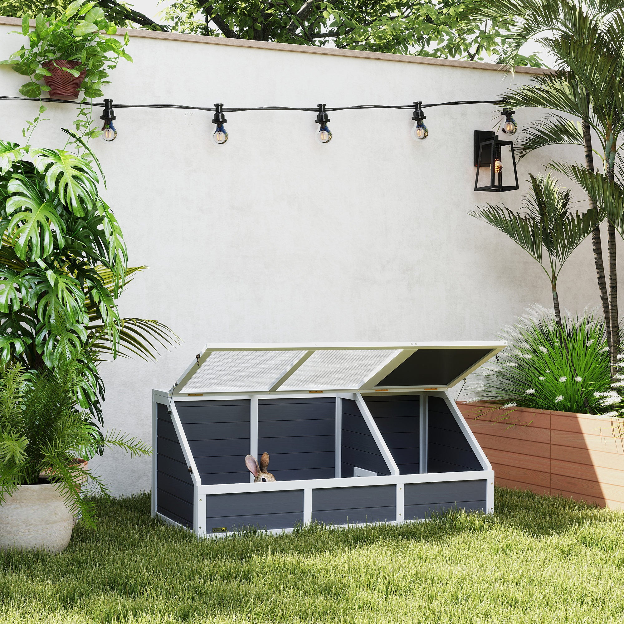 Bottomless Land Turtle House, in Fir Wood and Galvanized Steel, 120x55x50H cm, Gray and White